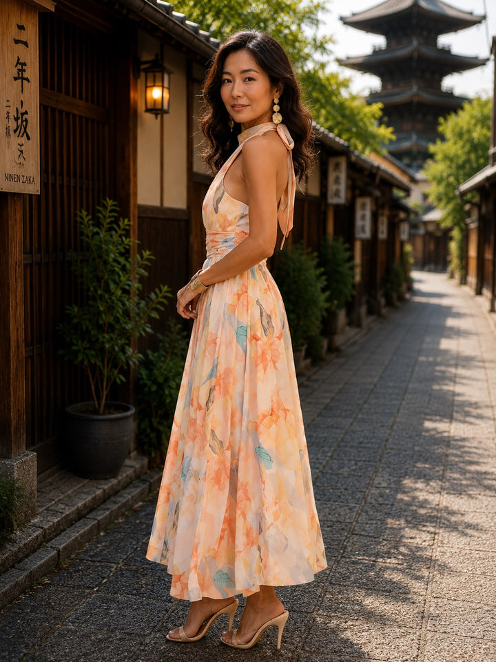レディース ホルターネック 水彩プリント ワンピース