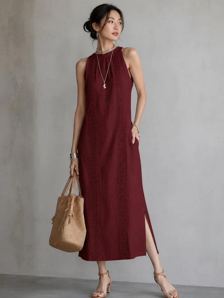 女性用刺繍マンダリンカラー ミディドレス