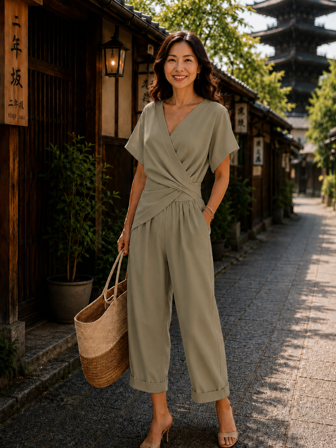 レディース ラップフロント クロップドパンツ セットアップ
