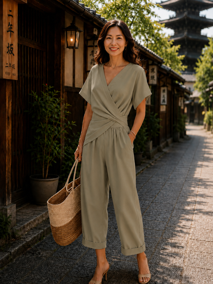 レディース ラップフロント クロップドパンツ セットアップ