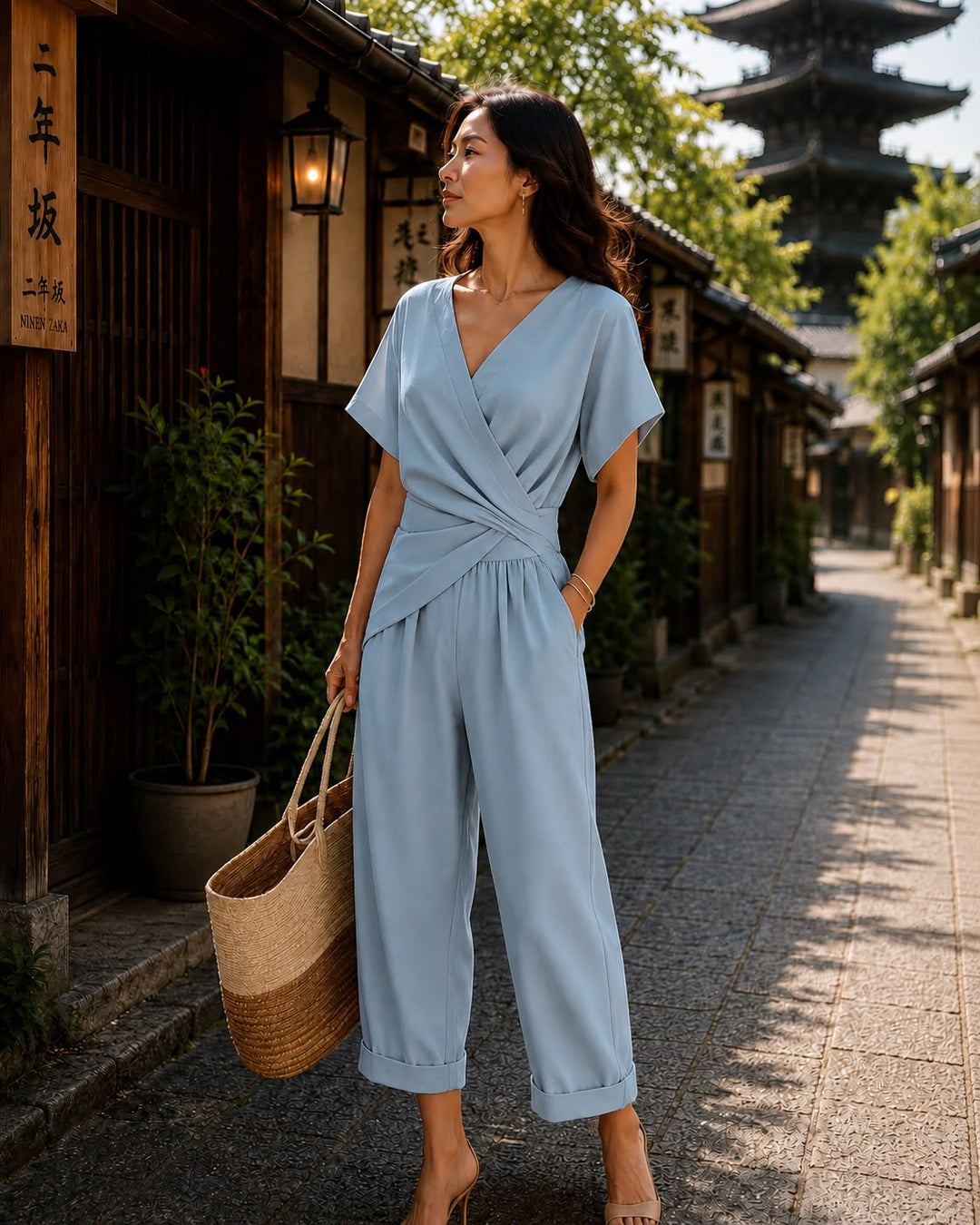 レディース ラップフロント クロップドパンツ セットアップ