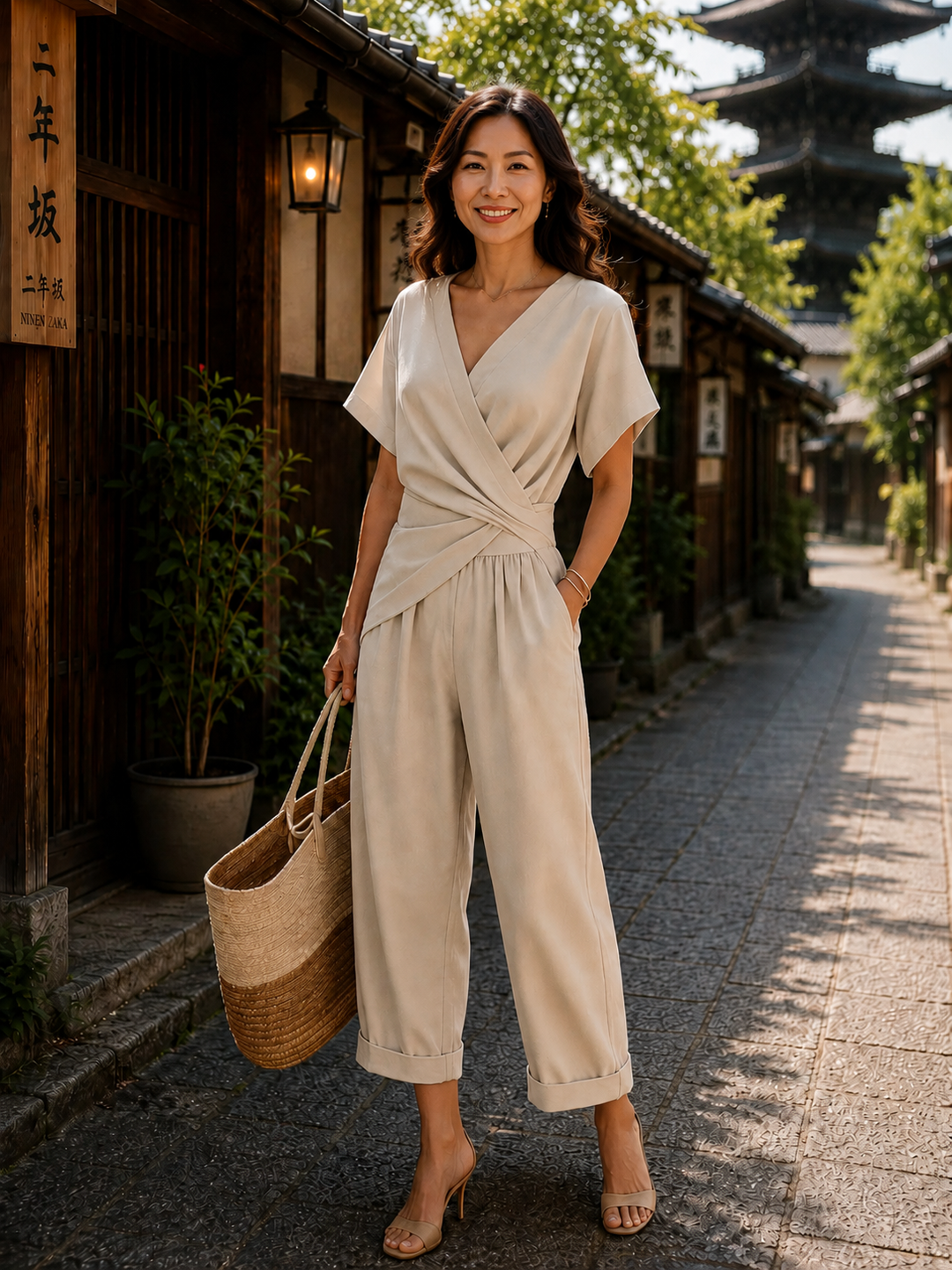 レディース ラップフロント クロップドパンツ セットアップ