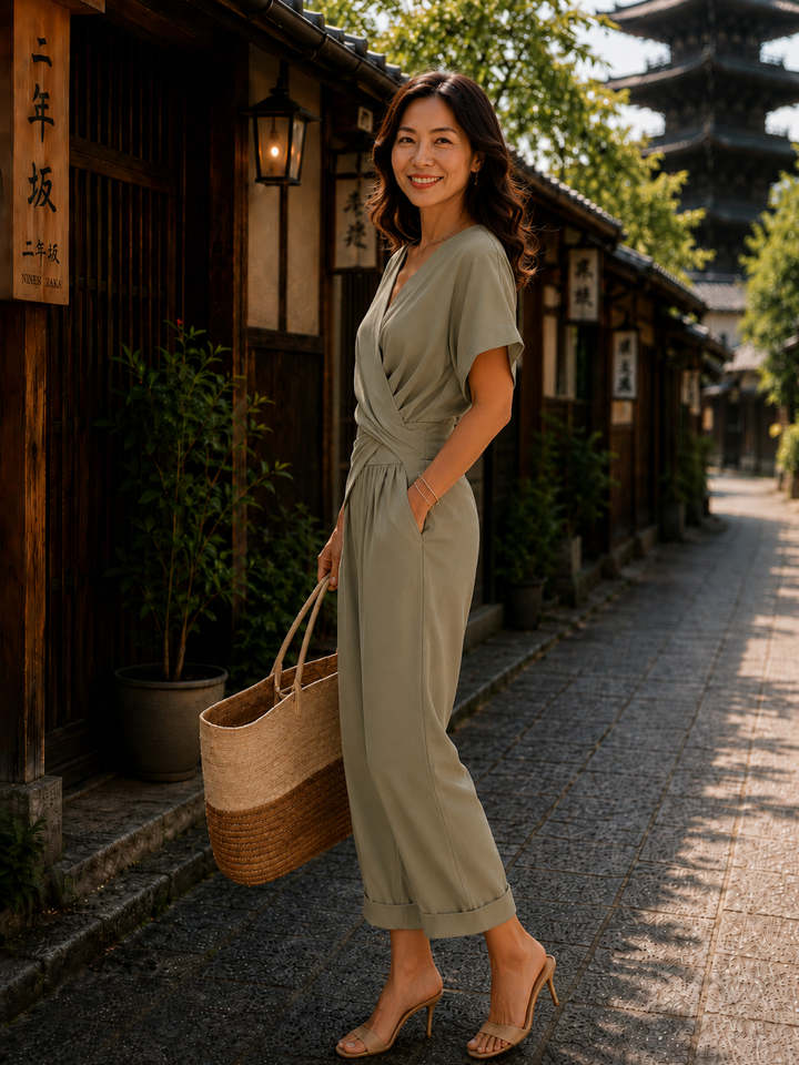 レディース ラップフロント クロップドパンツ セットアップ