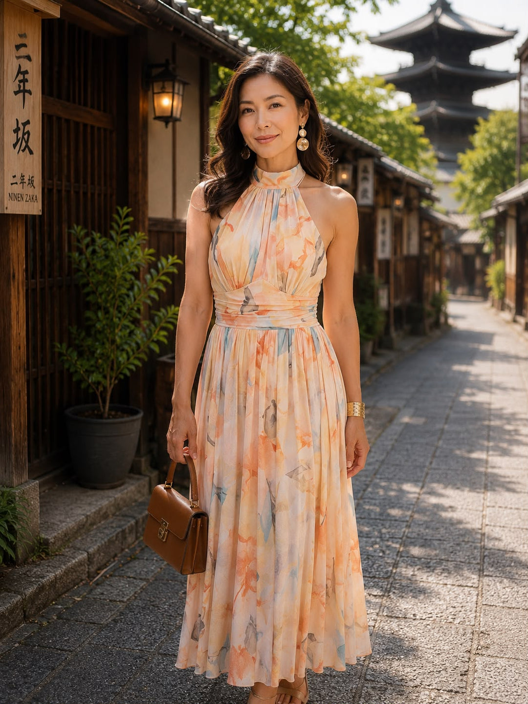 レディース ホルターネック 水彩プリント ワンピース