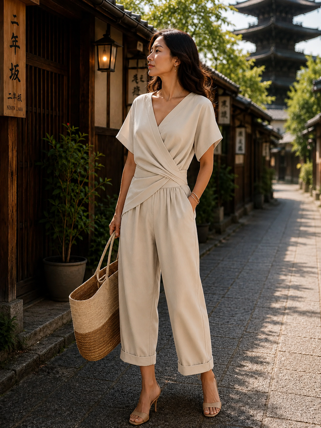 レディース ラップフロント クロップドパンツ セットアップ