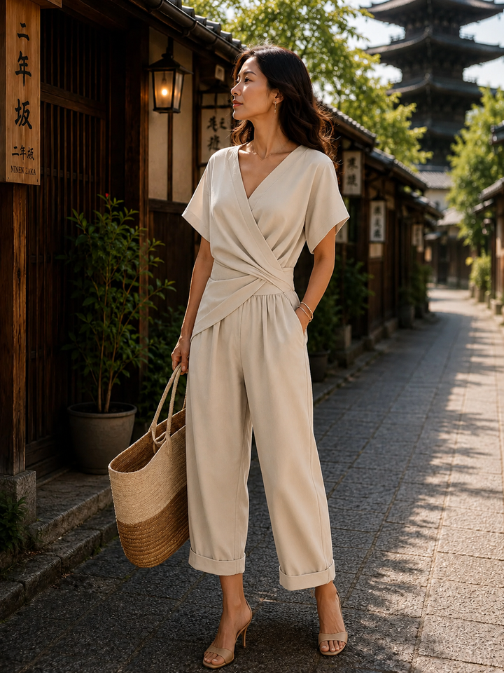 レディース ラップフロント クロップドパンツ セットアップ